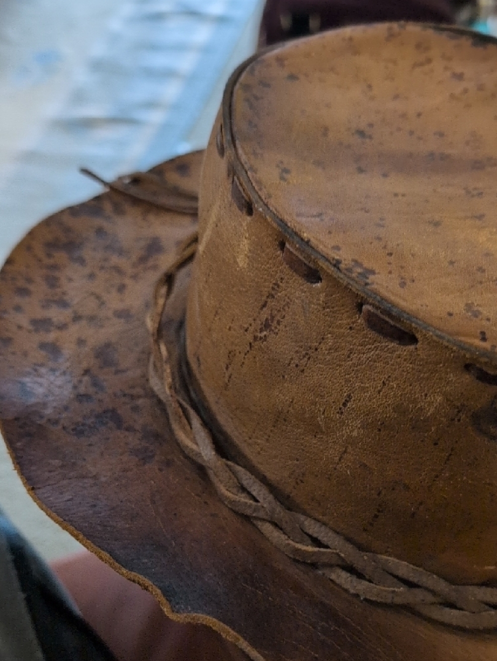 Distressed Brown Leather Cowboy Hat with Braided Band - Picture 3 of 9